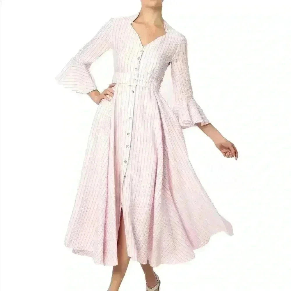 Gül Hürgel Rita Linen Dress in Pink Stripes Size M